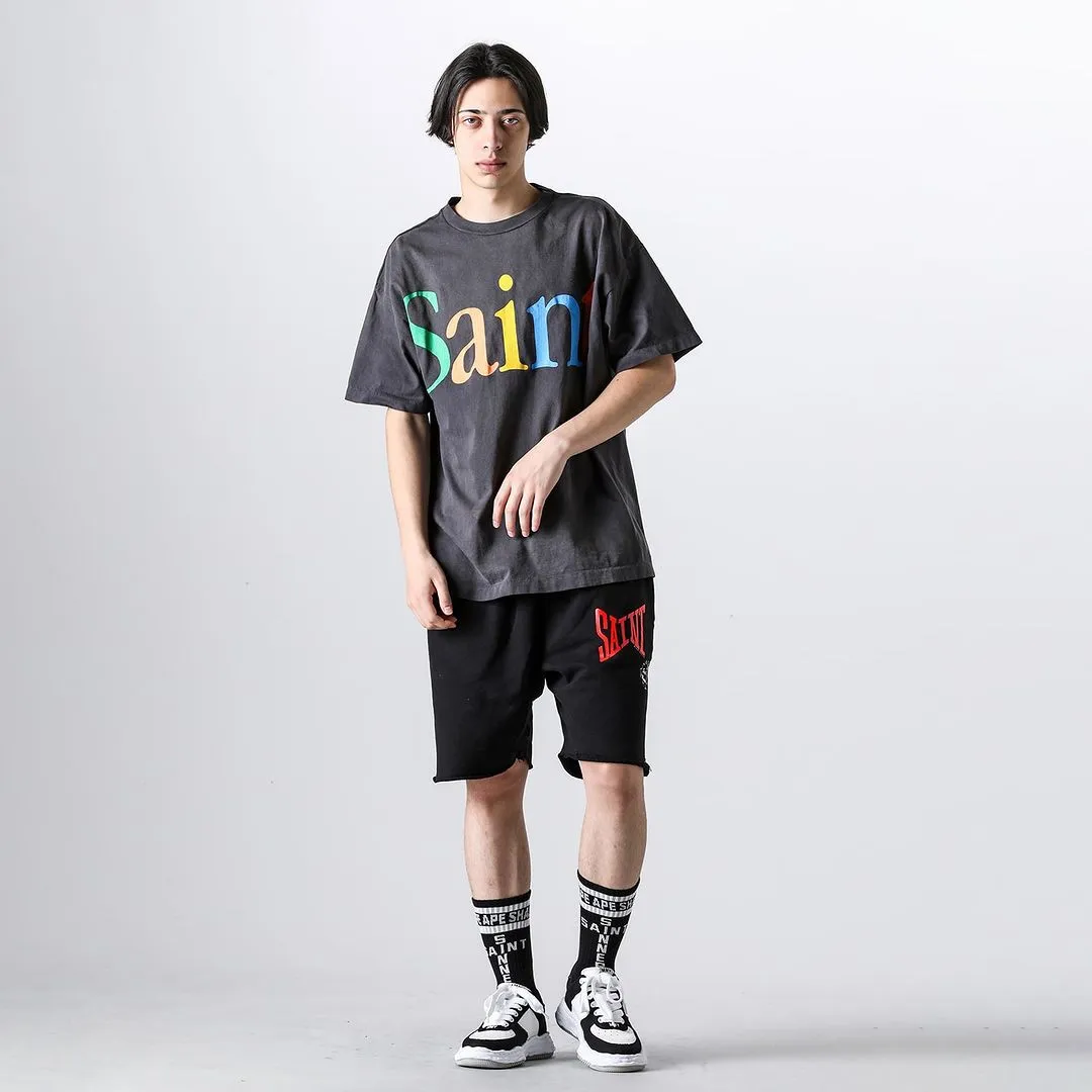 SAINT Mxxxxxx 'SAINT' SWEAT SHORTS/GRY/BLK embroidered SAINT LOGO basic shorts, distressed gray/washed black S-XL, four needles and six threads throughout, produced by a major domestic factory, imported Tajima machine embroidery, washed and distressed, original version